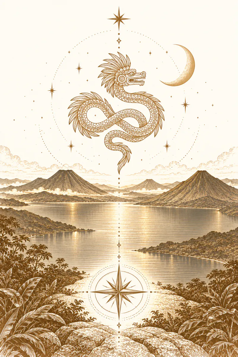 Gold illustration of the Kan serpent constellation above Lake Atitlán, its volcanoes and a compass rose
