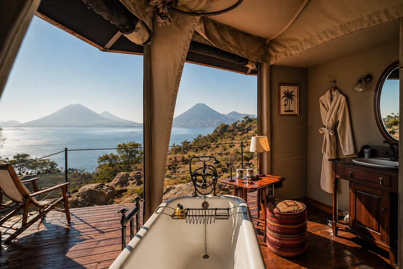 Private bathtub and wooden terrace at KAN Boutique Lodge overlooking Lake Atitlán and its volcanoes