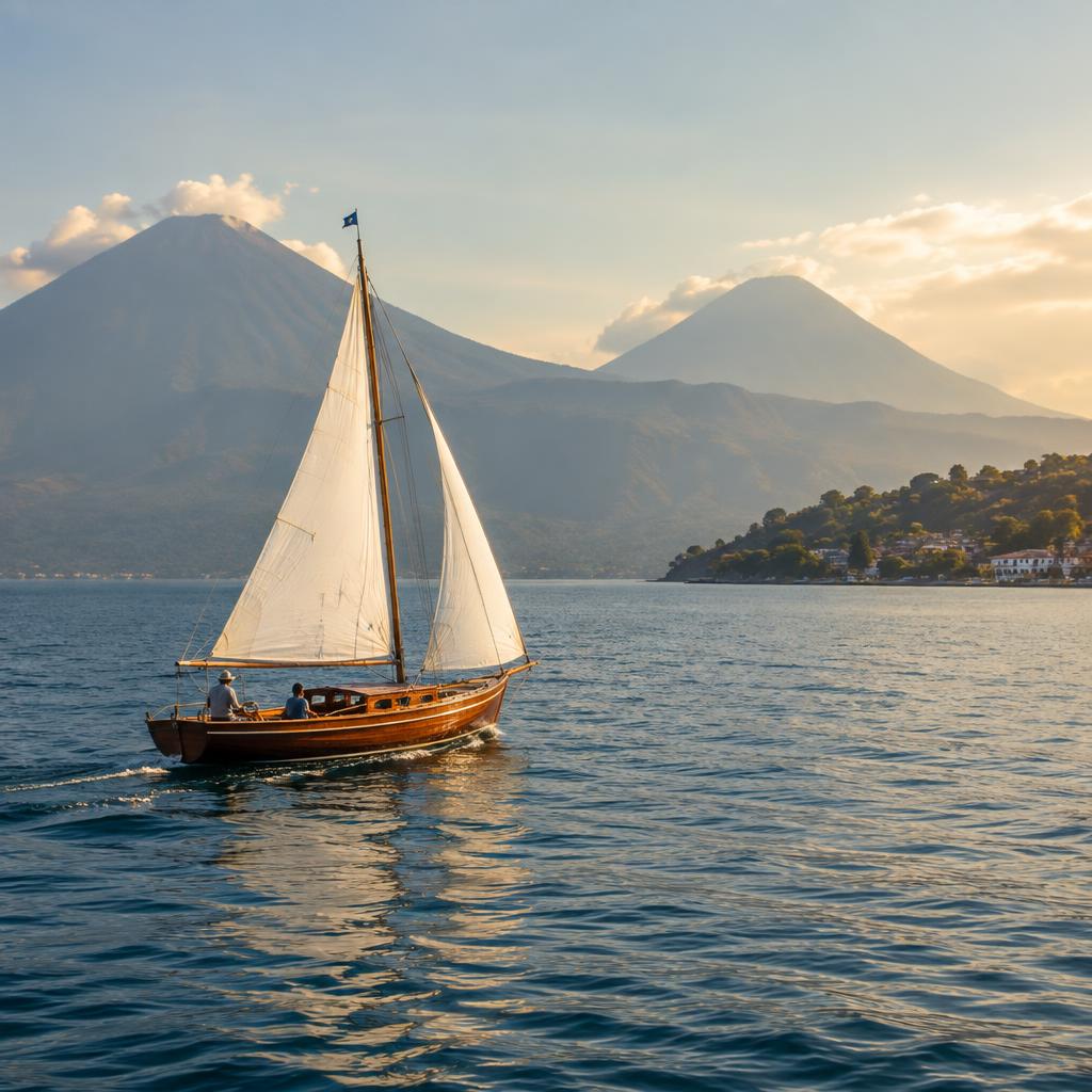 Sailboat on Lake Atitlán surrounded by volcanoes, Guatemala