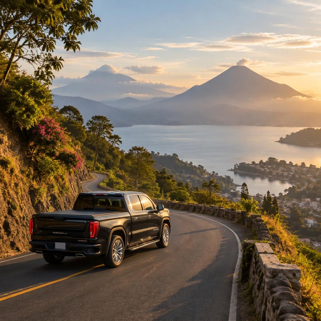 Private shuttle vehicle on the road above Lake Atitlán